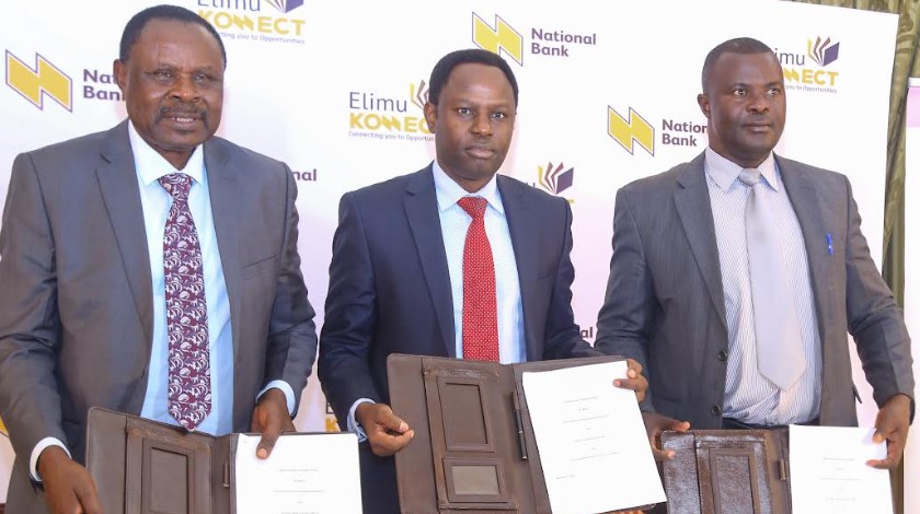 National Bank of Kenya, Managing Director, Peter Kioko (centre), with KPSA Chairman, Charles Ochome (left) and APBET Chairman, Moses Wakono. This was during the launch of ElimuKonnect at Hilton hotel.